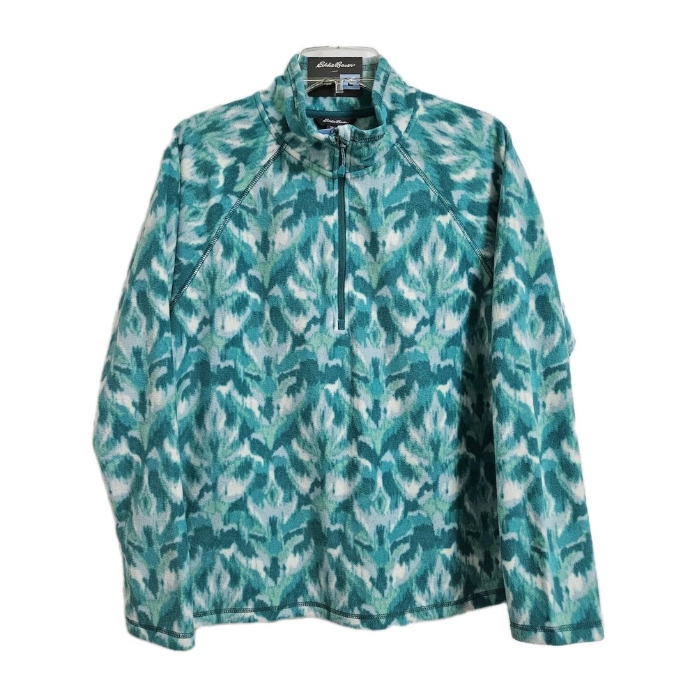 Eddie Bauer Fleece Pullover Women L Teal Turq Leaf Ikat Polar Fleece 1/4 Zip NWT